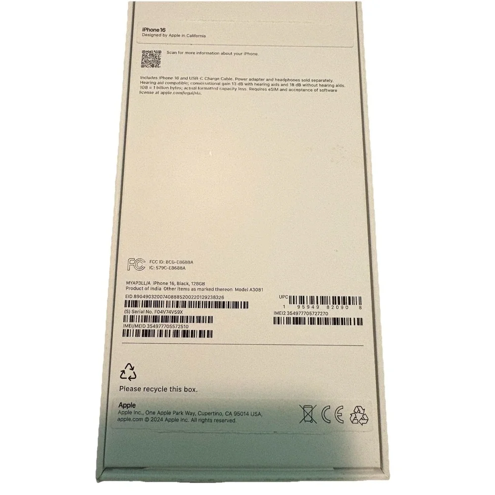 Apple iPhone 16 Empty Retail Box Original Packaging Box Only